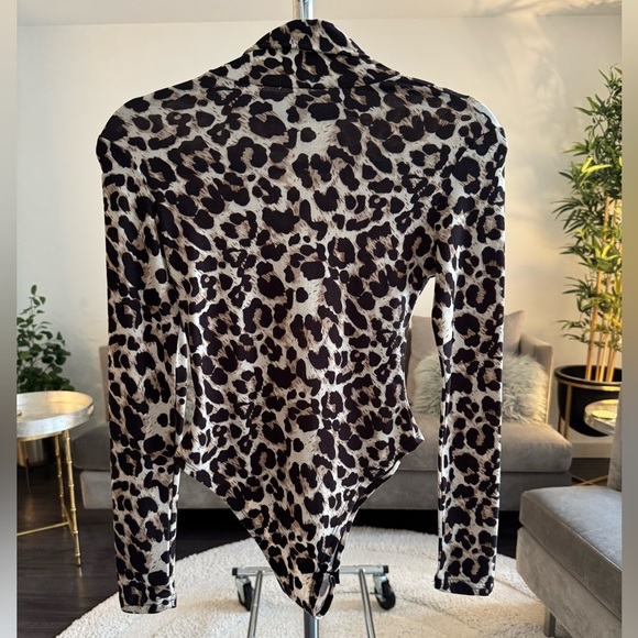 Black Brown Leopard bodysuit long sleeve mock neck size small - Picture 4 of 11